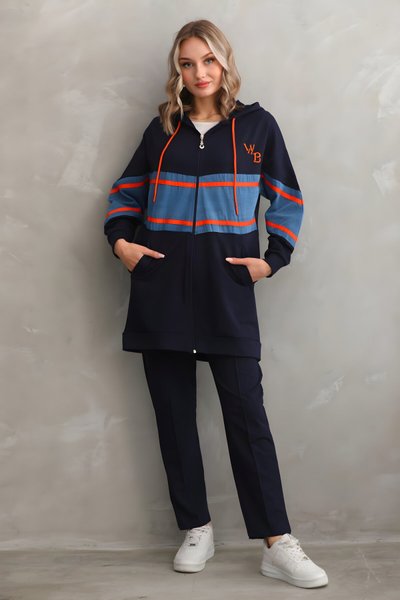 Lacivert Şeritli Kot Parçalı İkili Eşofman Takım