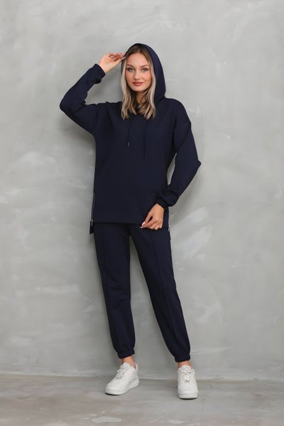 Lacivert Spor Fermuar Yırtmaçlı Tesettür Eşofman Takımı