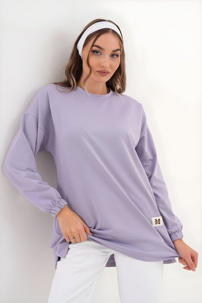 Lila Düz Basic Bisiklet Yaka Sweatshirt Tesettür Tunik