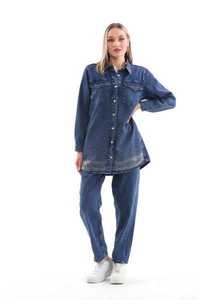 Mavi Kot Jean İkili Taş İşlemeli Tesettür Takım