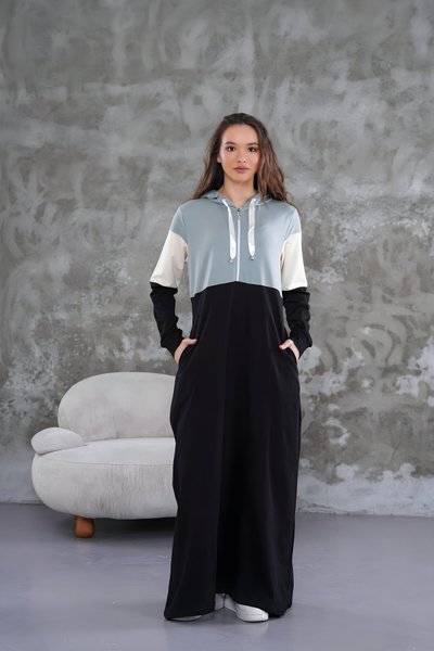 Mint Spor Fermuarlı Kapüşonlu Tesettür Elbise