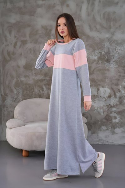 Pudra Bloklu Spor Ribana Detaylı Tesettür Elbise