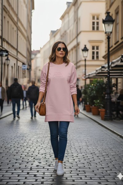 Pudra Kabartma Baskılı Uzun Kol Bisiklet Yaka Sweatshirt Tesettür Tunik