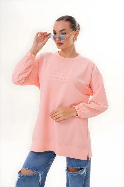 Pudra Miu Kabartma Baskı Sweatshirt Bisiklet Yaka Tesettür Tunik