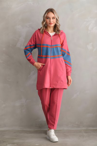 Pudra Şeritli Kot Parçalı İkili Eşofman Takım