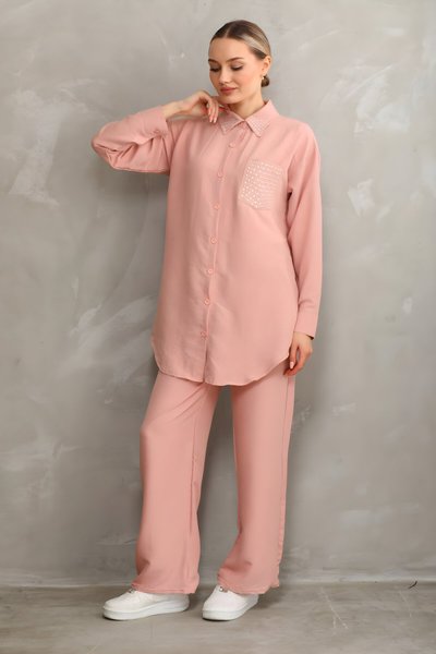 Pudra Yazlık Taşlı İkili Tunik Pantolon Takım