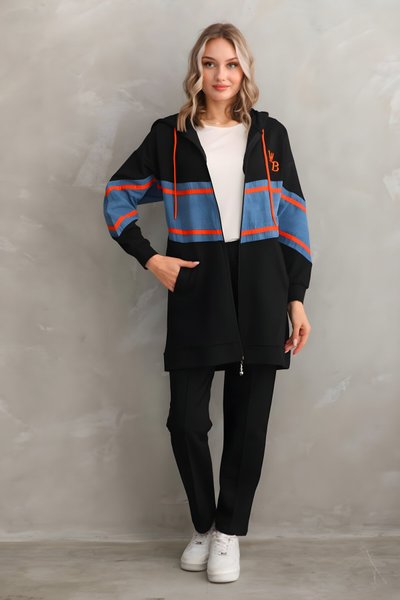 Siyah Alt Üst İkili Kot Parçalı Şeritli Eşofman Takım