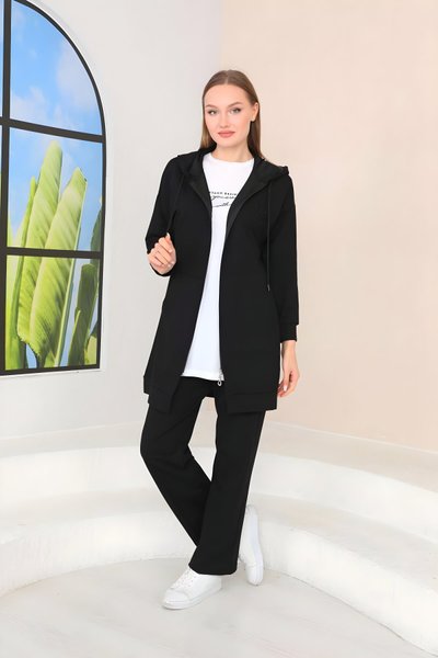 Siyah Kabartma Baskılı Spor Üçlü Tesettür Takım