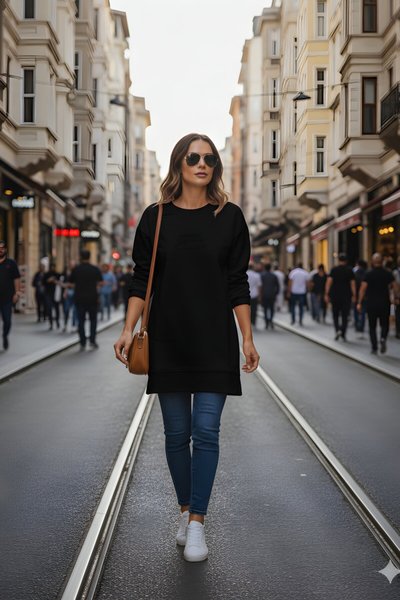 تونيك سويت شيرت محتشم بأكمام طويلة أسود بطبعة بارزة