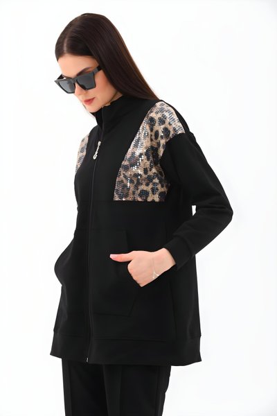 Siyah Leopar Pul Payetli Eşofman Takım