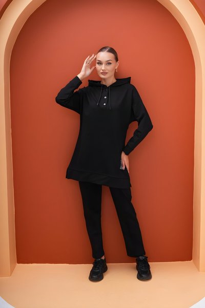 Siyah Spor İkili Sweat-tunik Pantolon Tesettür Eşofman