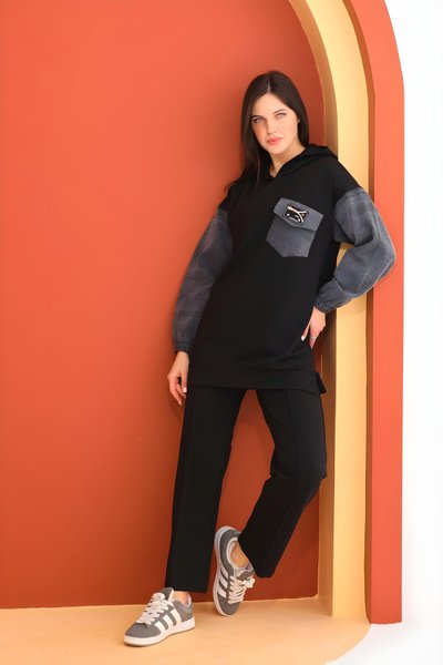 Siyah Spor Kolları Kot Detaylı İkili Takım