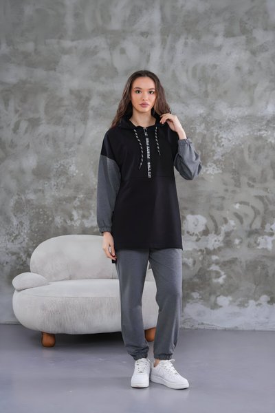 Siyah Spor Yarım Fermuar Tesettür İkili Takım