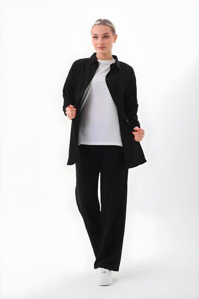 Siyah Üçlü Gömlek Pantolon T-shirt Takım