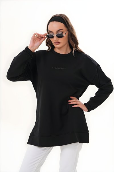 Siyah Uzun Kol Sweatshirt Bisiklet Yaka "Be Yourself" Tesettür Tunik