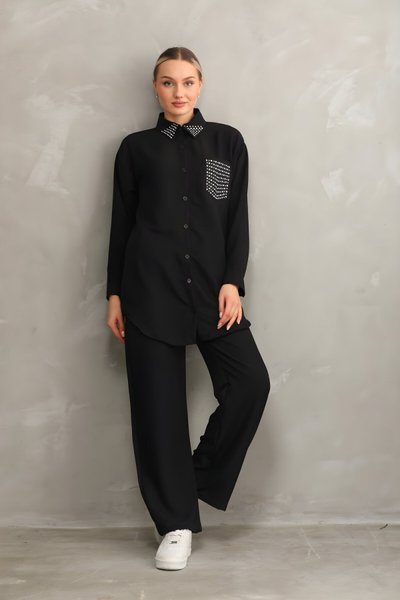 Siyah Yazlık İkili Taşlı Tunik Pantolon Takım