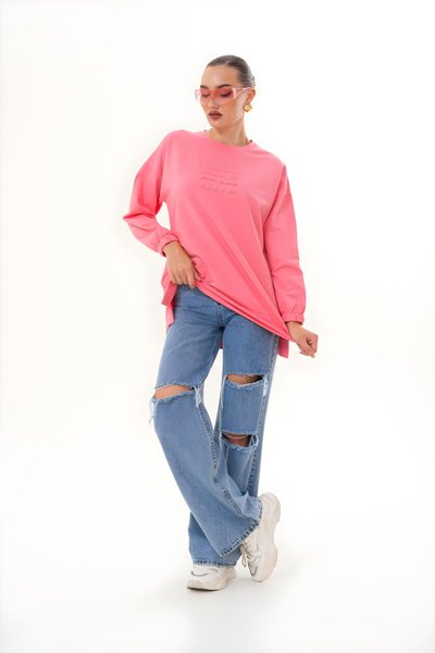 Somon Miu Kabartma Baskı Bisiklet Yaka Sweatshirt Tesettür Tunik