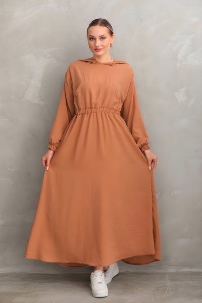 Taba Yazlık Keten Spor Kapüşonlu Belden Büzgülü Cepli Tesettür Elbise