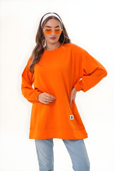 Turuncu Düz Basic Bisiklet Yaka Uzun Kol Sweatshirt Tesettür Tunik