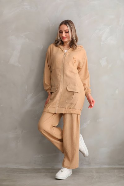 Vizon Yazlık Trençkot Pantolonlu Keten İkili Tesettür Takım