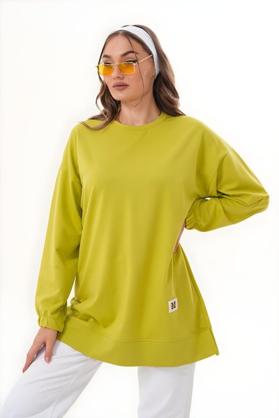 Yeşil Bisiklet Yaka Uzun Kol Basic Sweatshirt Tesettür Tunik