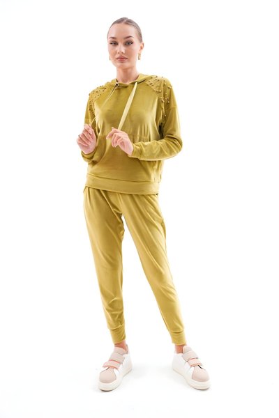 Yeşil Soft Kadife Taşlı Tesettür Eşofman Takım