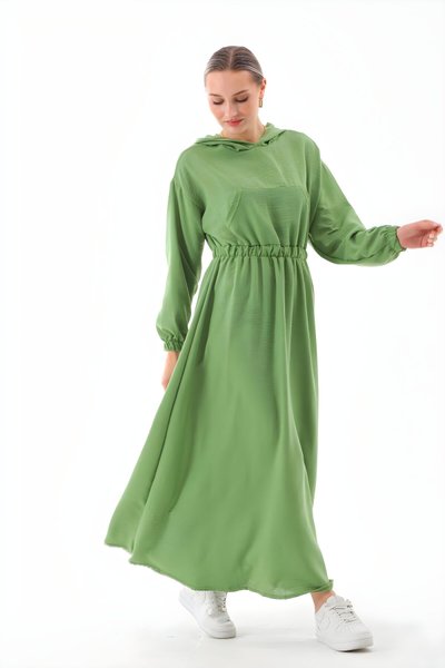 Yeşil Spor Yazlık Keten Kapüşonlu Belden Büzgülü Cepli Tesettür Elbise