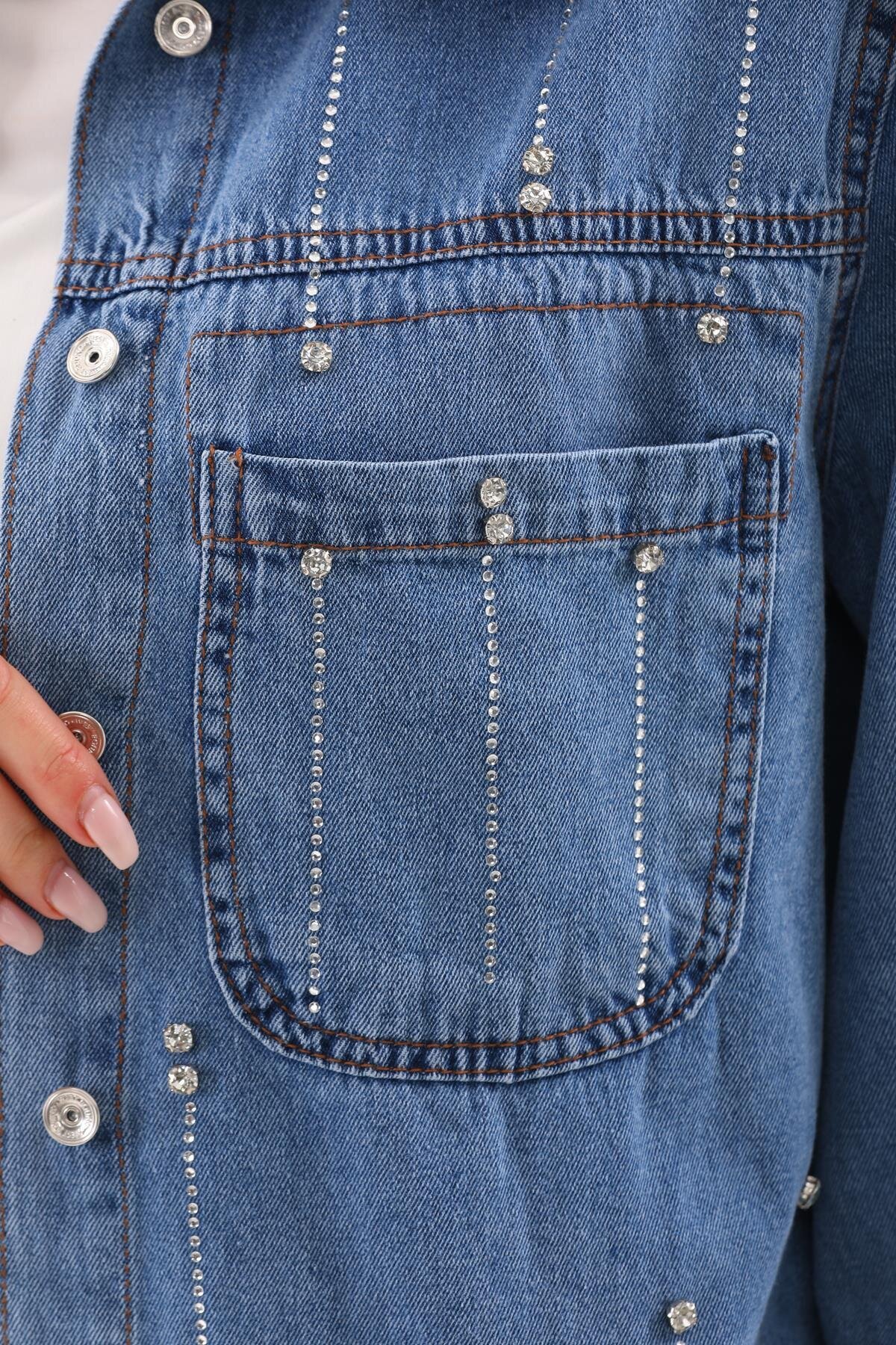Two-Piece Rain Motif Denim Stone-Detail Modest Set - Light Blue - Westbound