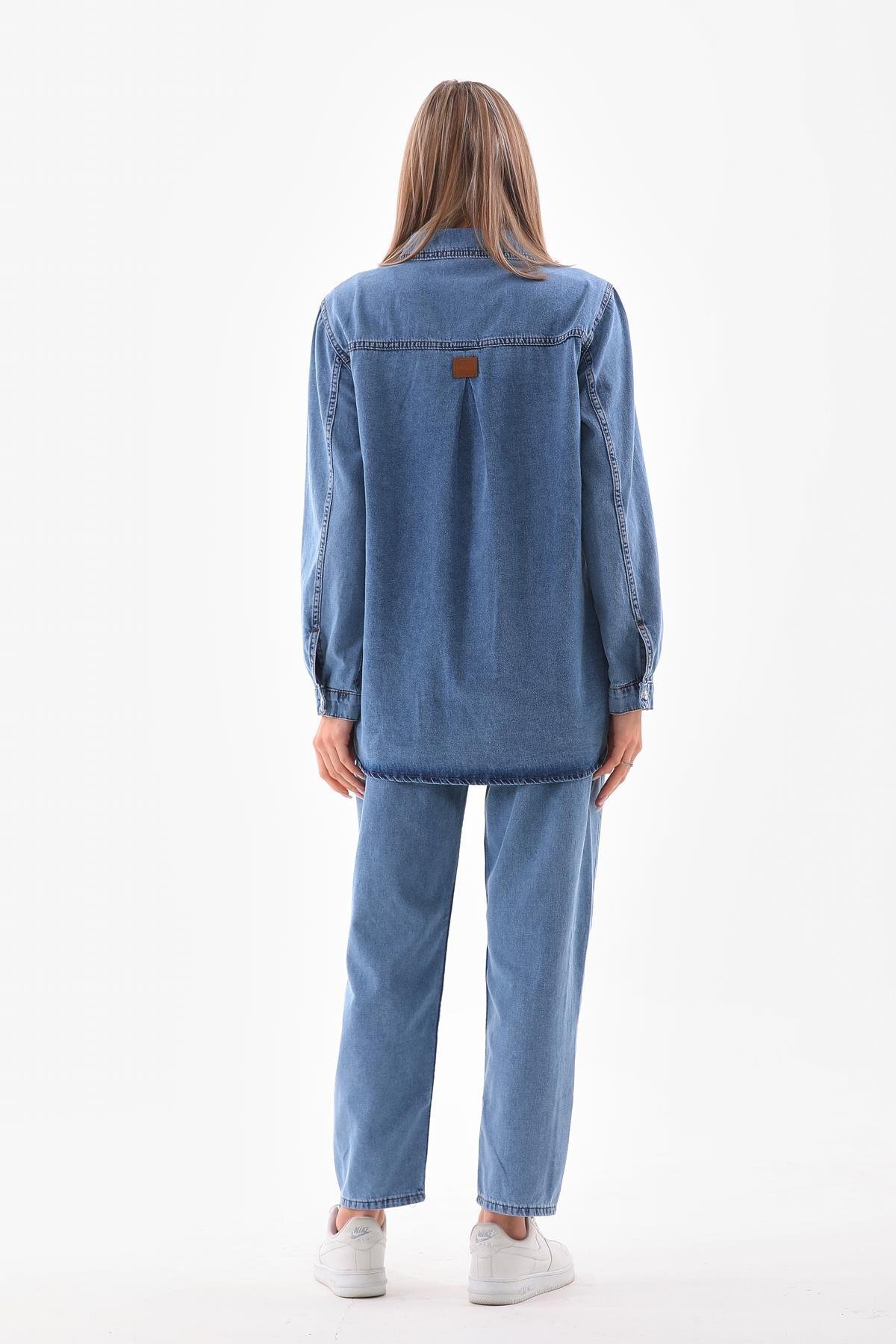 Two-Piece Rain Motif Denim Stone-Detail Modest Set - Light Blue - Westbound