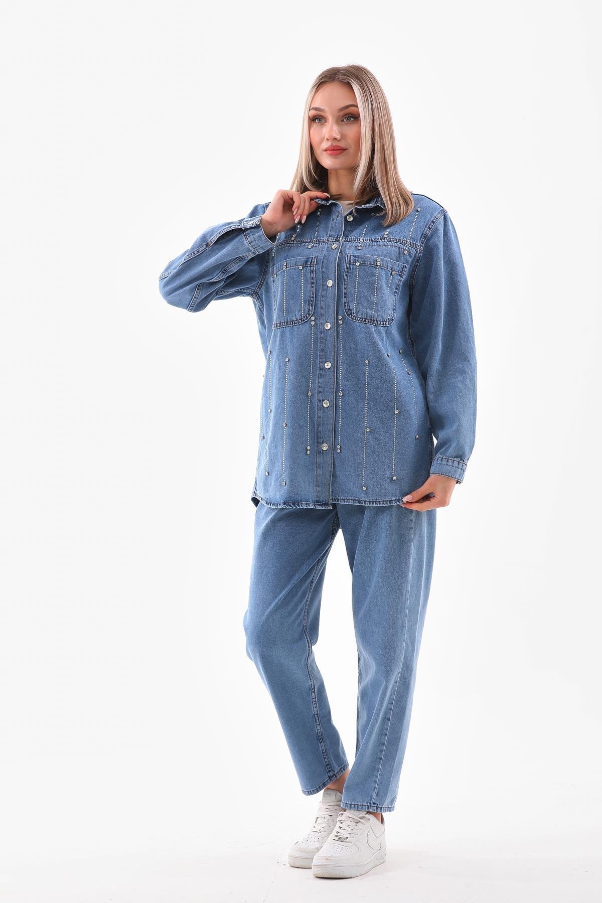 Two-Piece Rain Motif Denim Stone-Detail Modest Set - Light Blue - Westbound