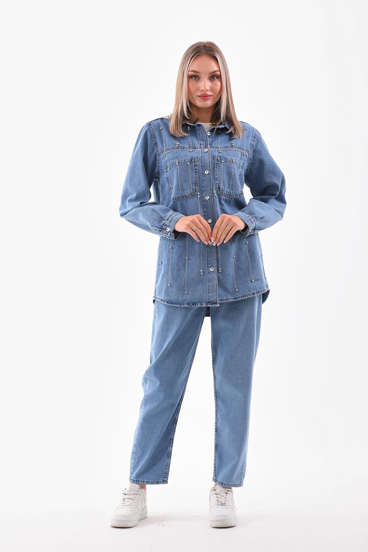 Two-Piece Rain Motif Denim Stone-Detail Modest Set - Light Blue - Westbound