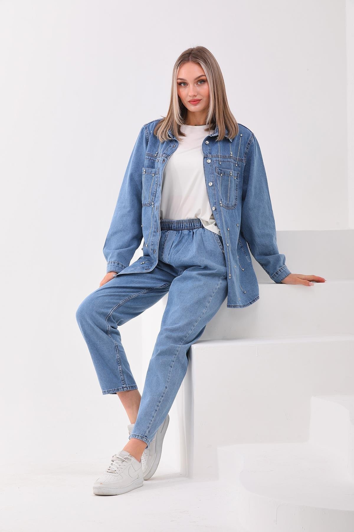 Two-Piece Rain Motif Denim Stone-Detail Modest Set - Light Blue - Westbound