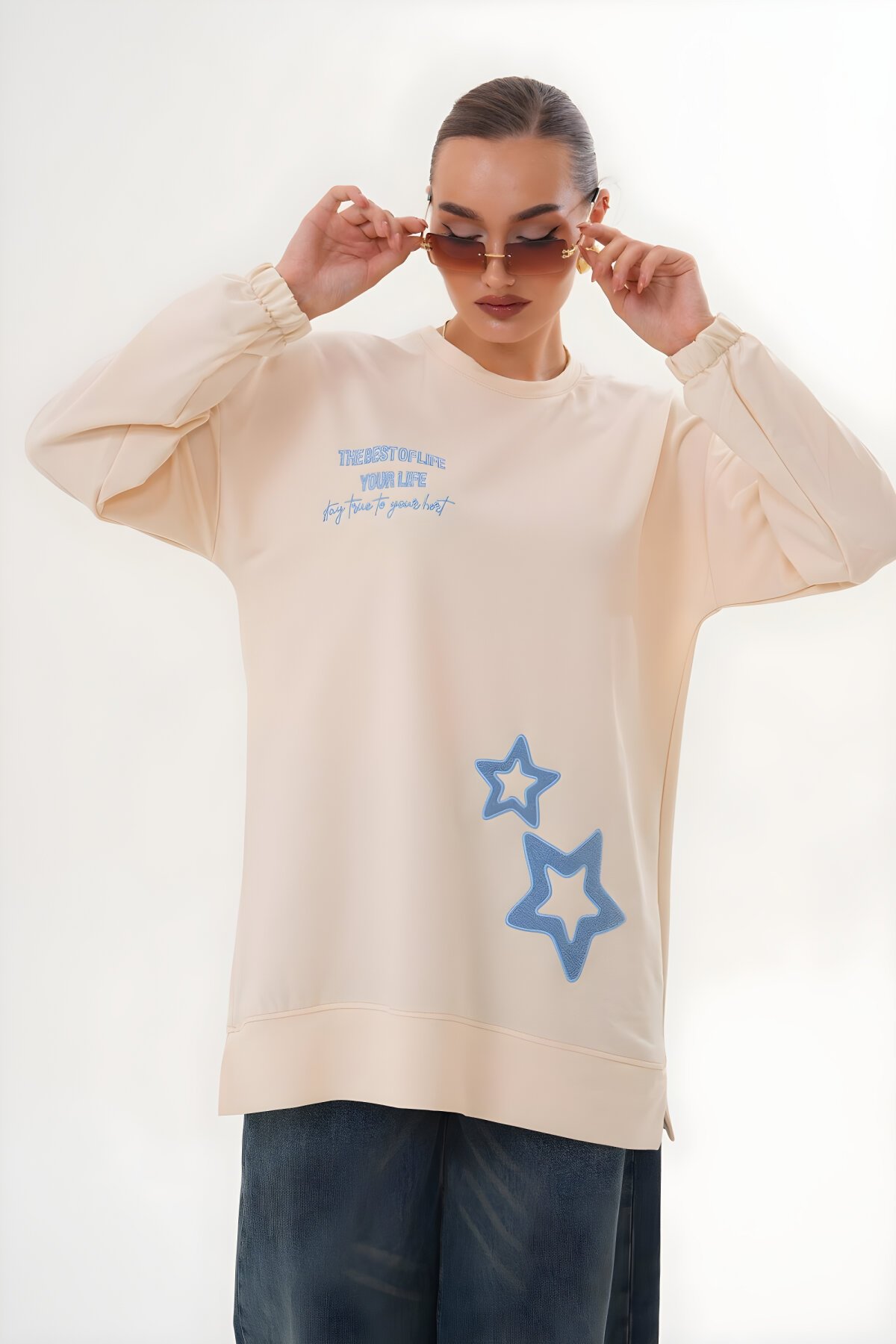 Bej Yıldız Desenli Sweatshirt Bisiklet Yaka Tesettür Tunik - Westbound