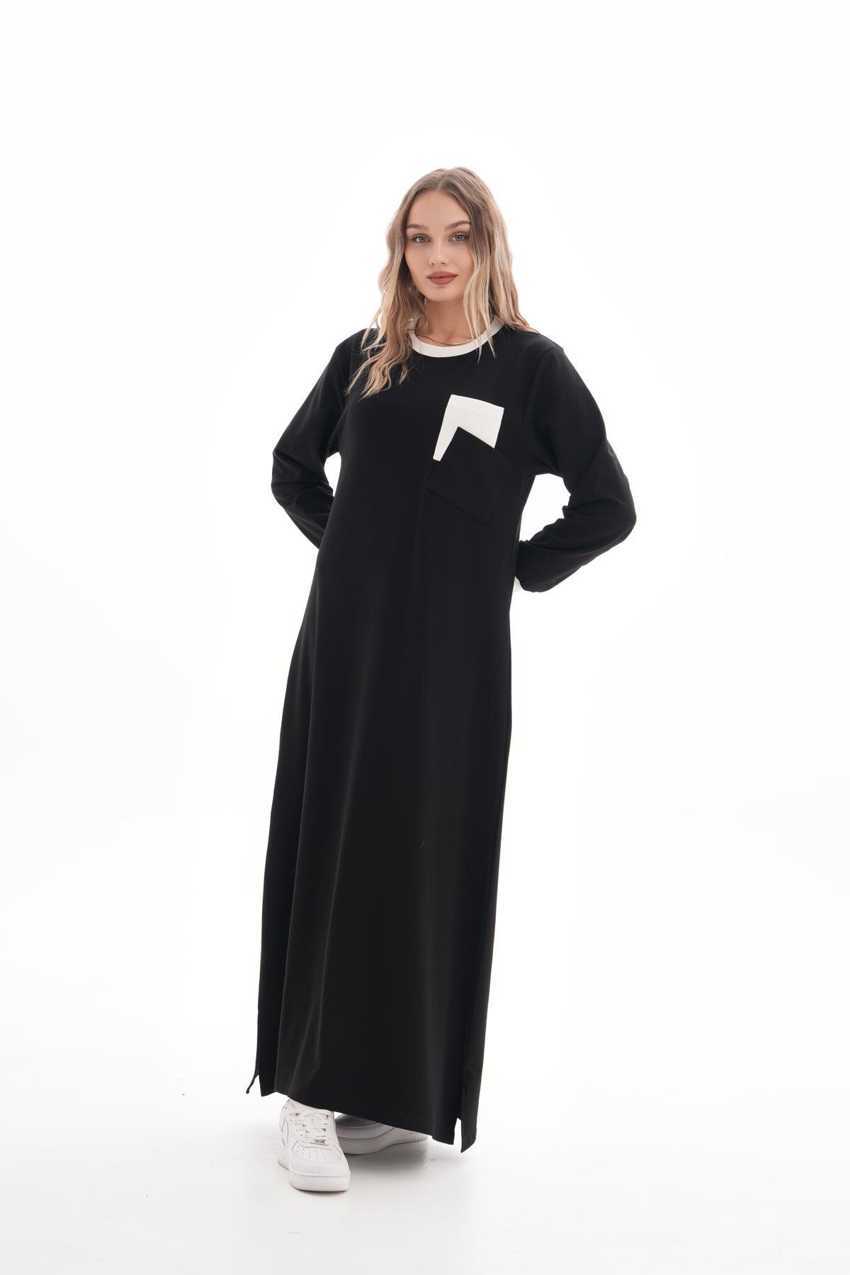 Sporty Two-Thread Knit Pocket-Detail Modest Dress - White - Westbound