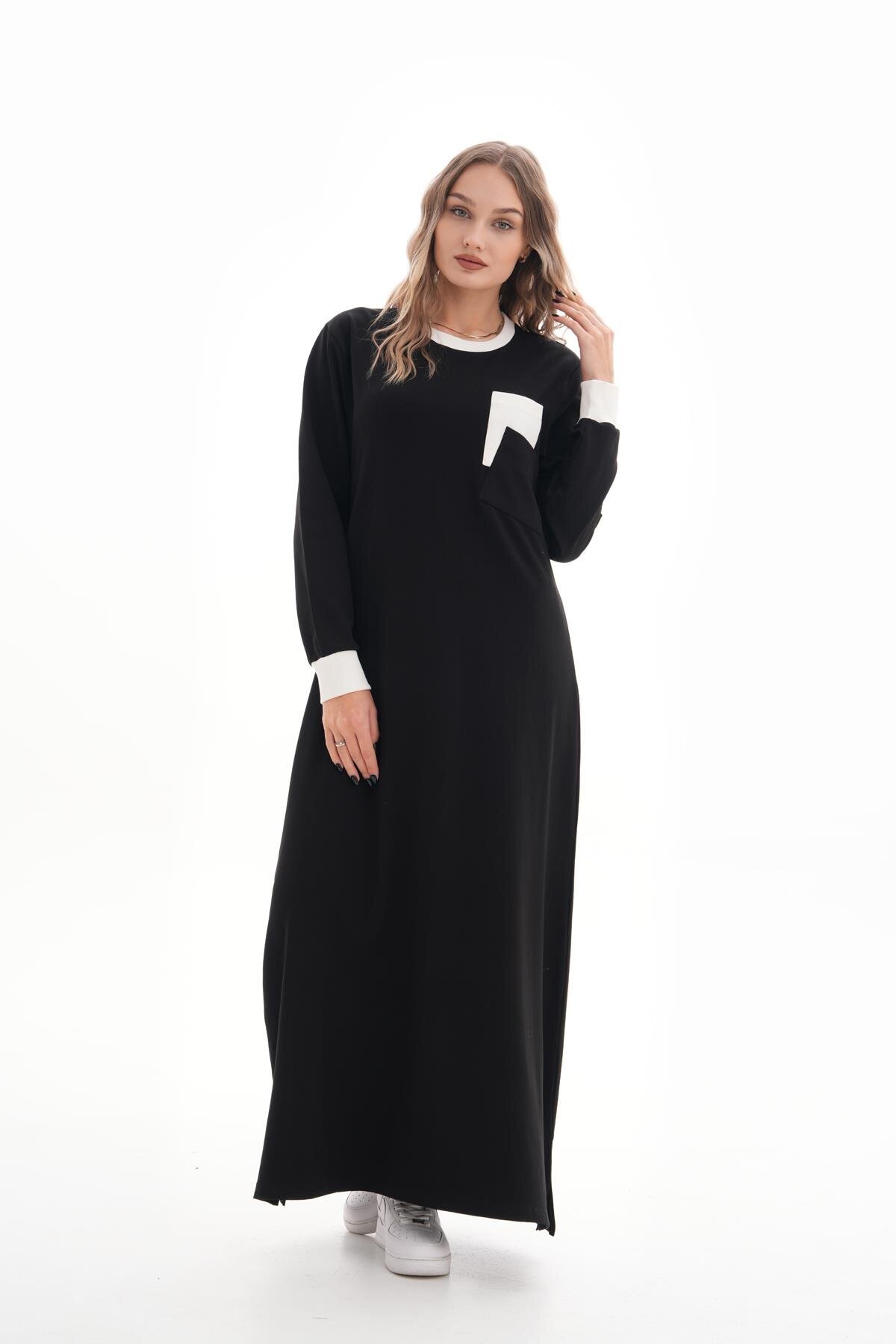Sporty Two-Thread Knit Pocket-Detail Modest Dress - White - Westbound
