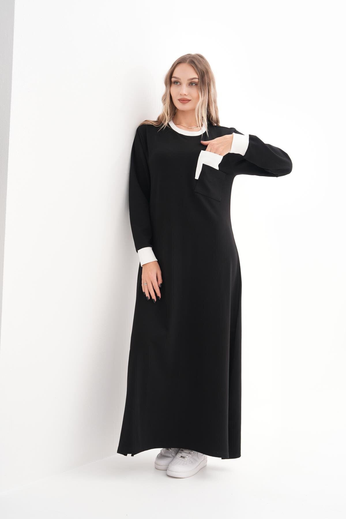 Sporty Two-Thread Knit Pocket-Detail Modest Dress - White - Westbound