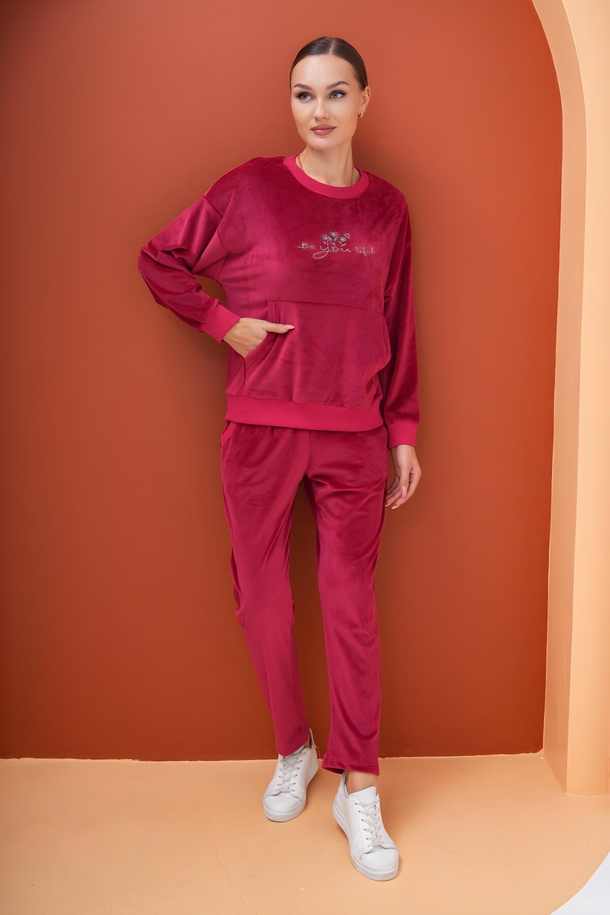 Bordo Baskılı Soft Kadife Tesettür Eşofman Takım - Westbound