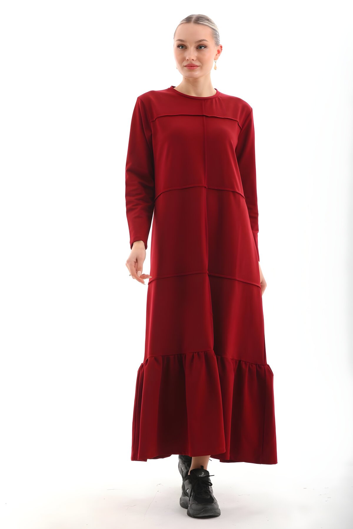 Bordo Bloklu Uzun Spor Salaş Eteği Fırfırlı Tesettür Elbise - Westbound