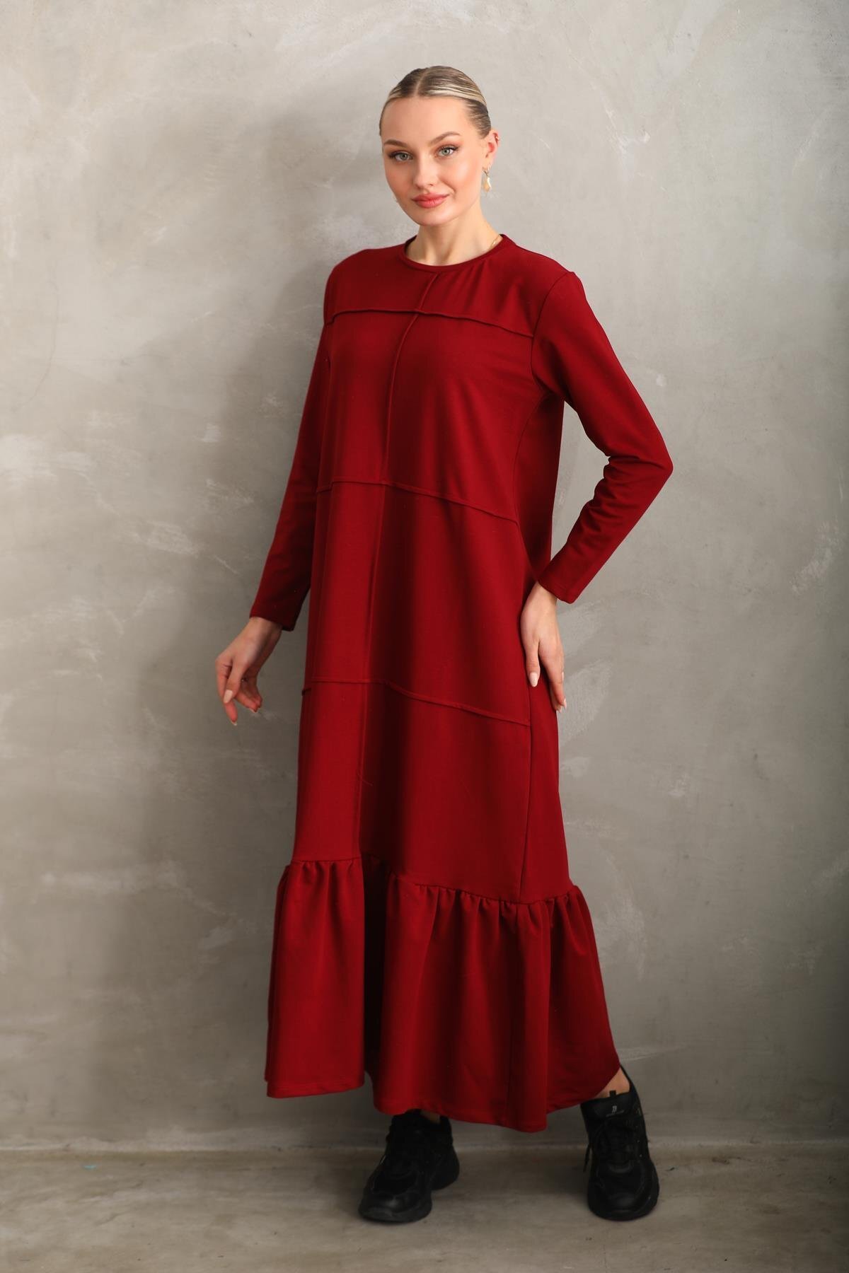Long Loose Casual Blocked Modest Dress with Ruffles - Burgundy - Westbound