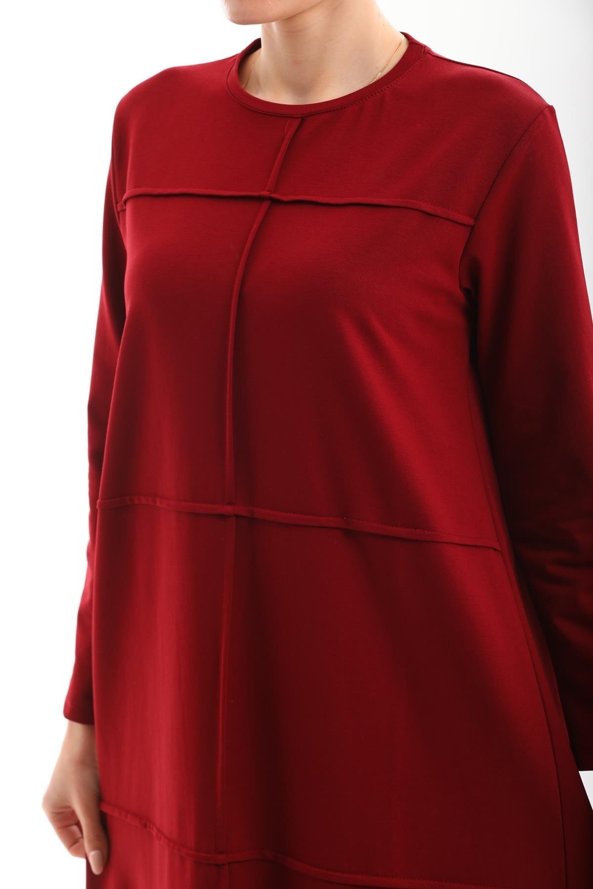 Long Loose Casual Blocked Modest Dress with Ruffles - Burgundy - Westbound