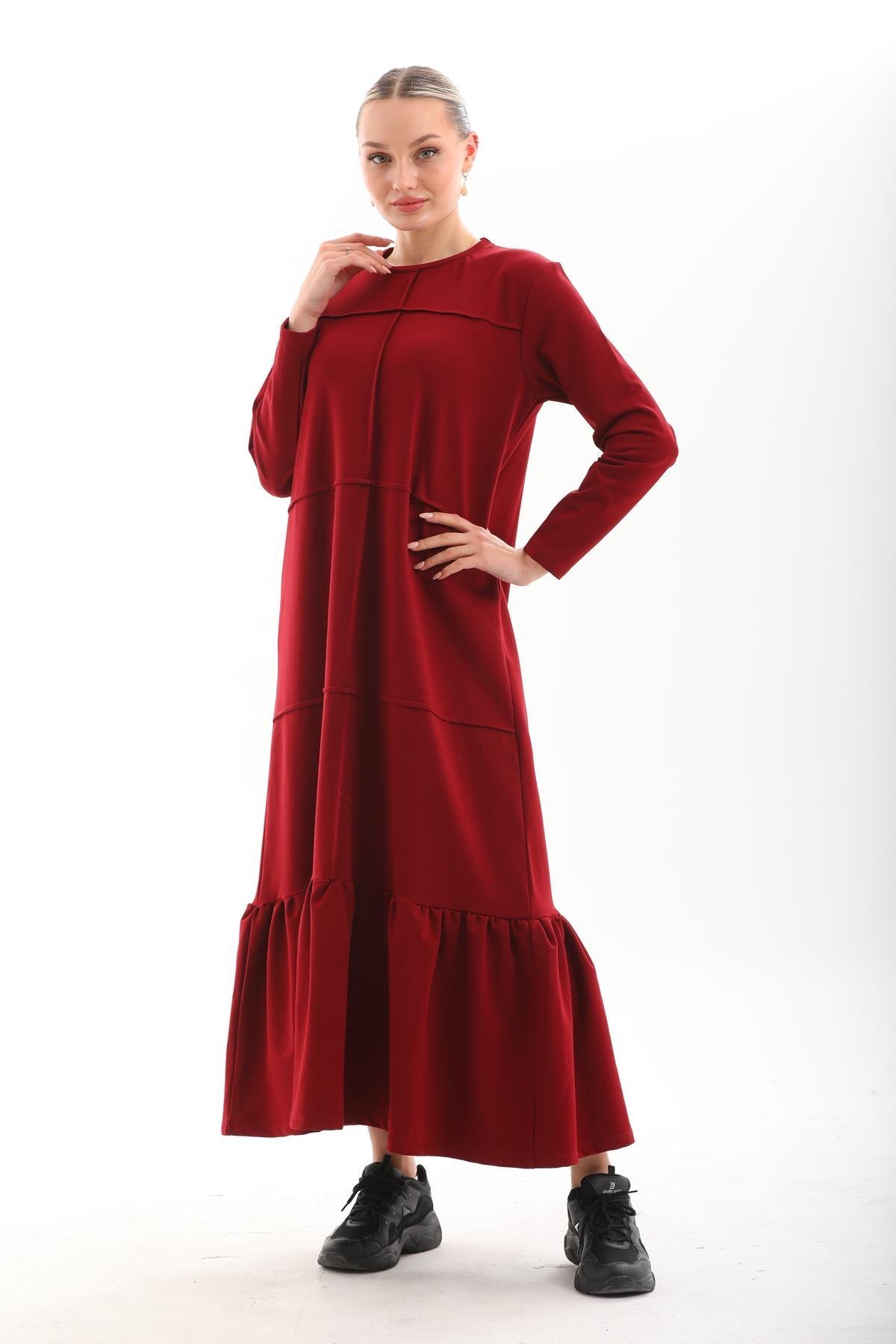 Long Loose Casual Blocked Modest Dress with Ruffles - Burgundy - Westbound