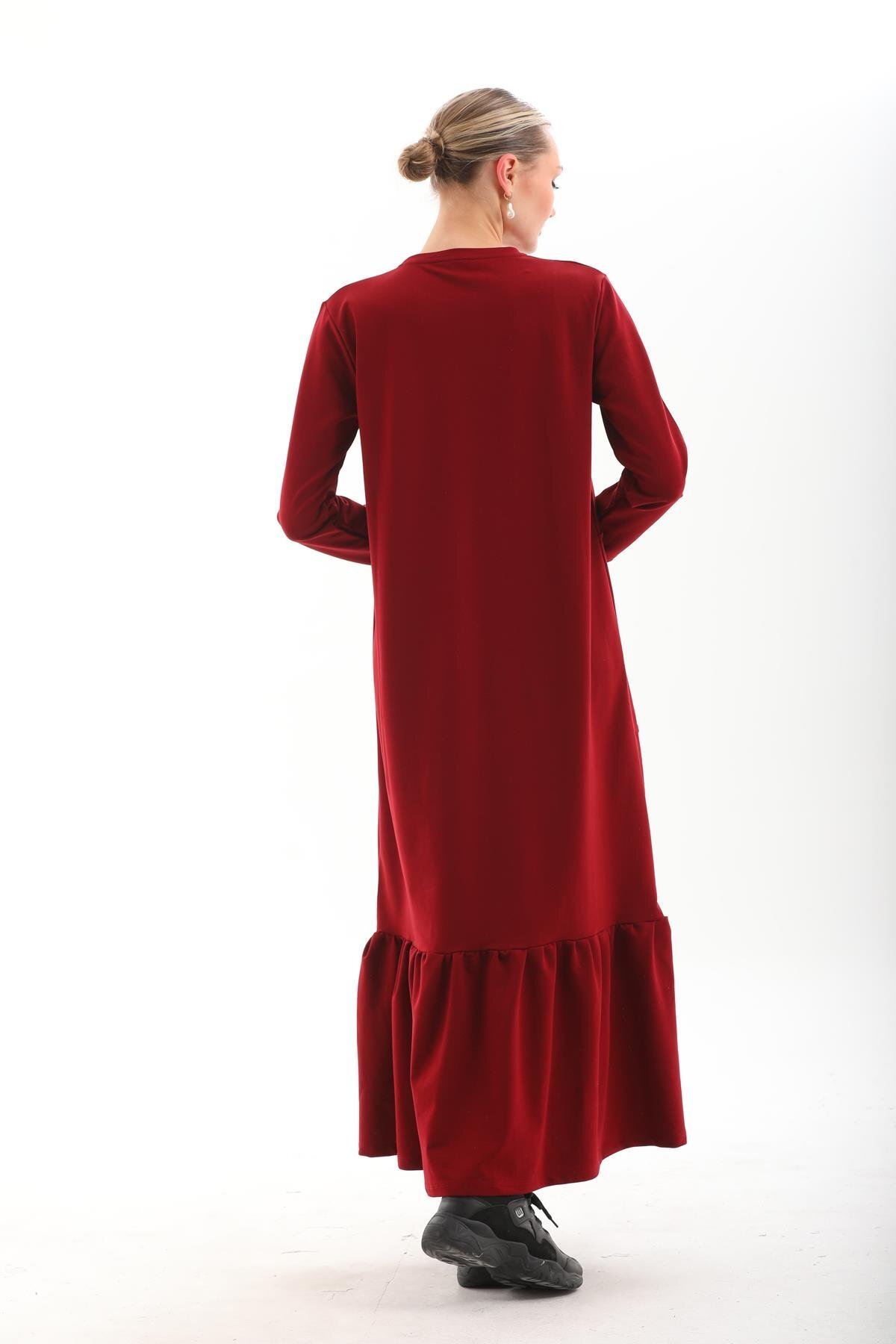 Long Loose Casual Blocked Modest Dress with Ruffles - Burgundy - Westbound