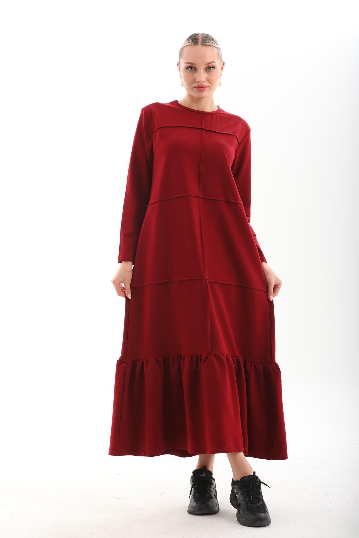Long Loose Casual Blocked Modest Dress with Ruffles - Burgundy - Westbound
