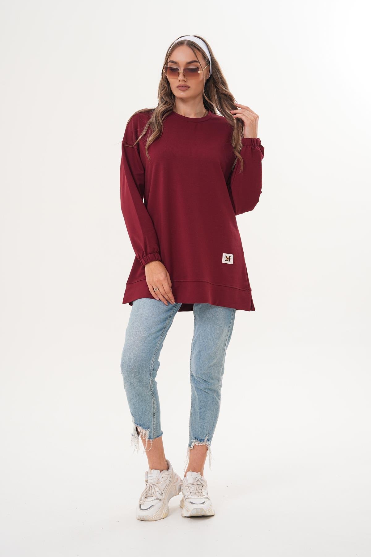 Bordo Düz Uzun Basic Bisiklet Yaka Sweatshirt Tesettür Tunik - Westbound