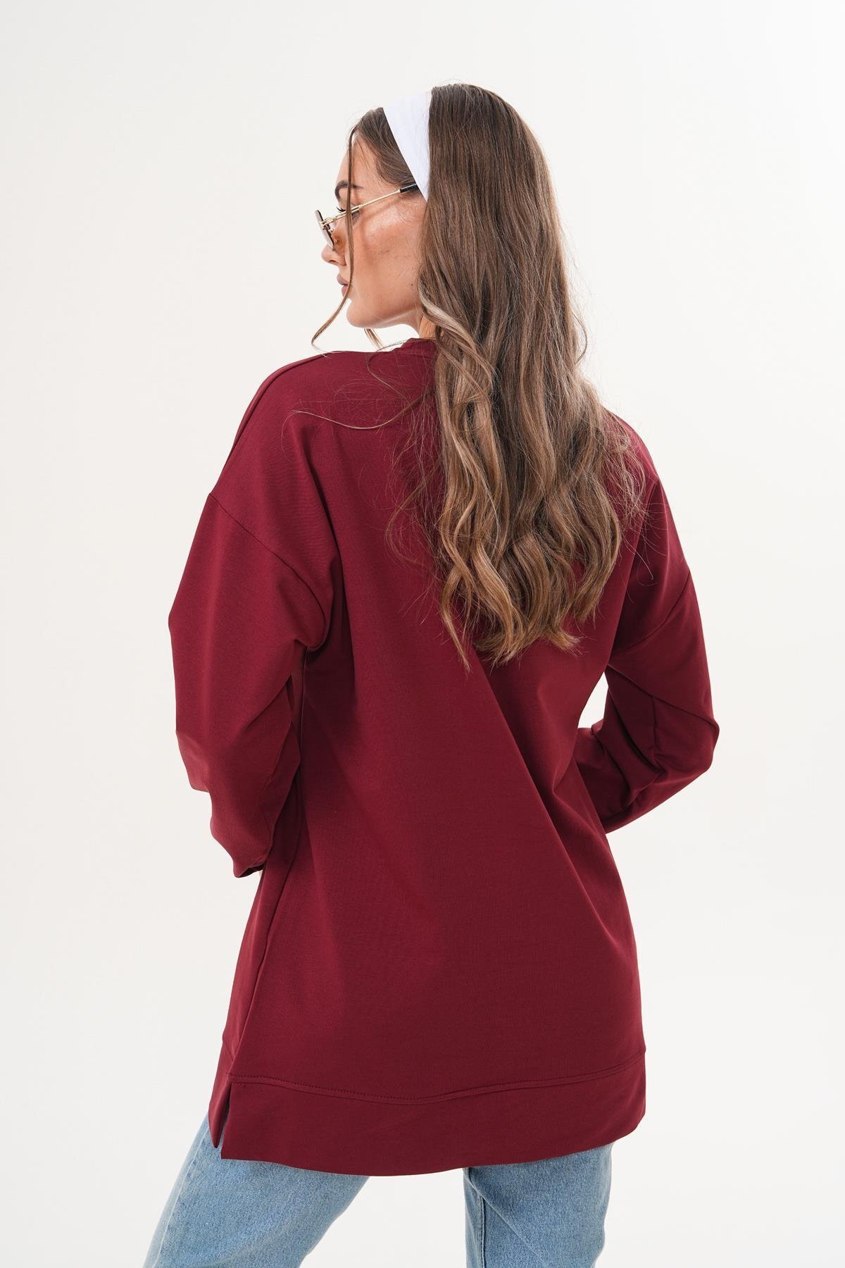 Bordo Düz Uzun Basic Bisiklet Yaka Sweatshirt Tesettür Tunik - Westbound