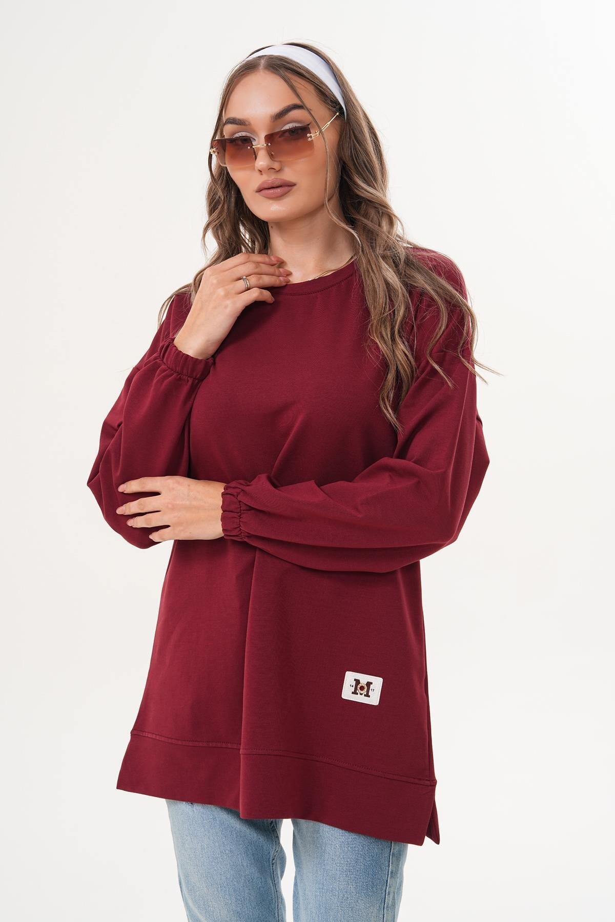 Bordo Düz Uzun Basic Bisiklet Yaka Sweatshirt Tesettür Tunik - Westbound