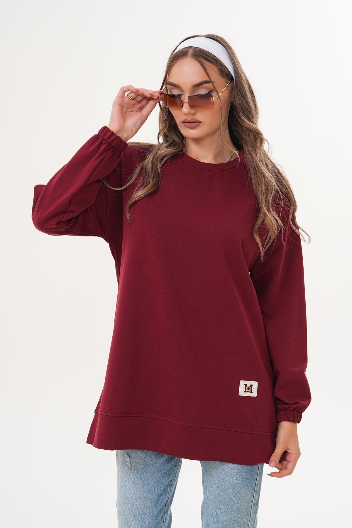 Bordo Düz Uzun Basic Bisiklet Yaka Sweatshirt Tesettür Tunik - Westbound