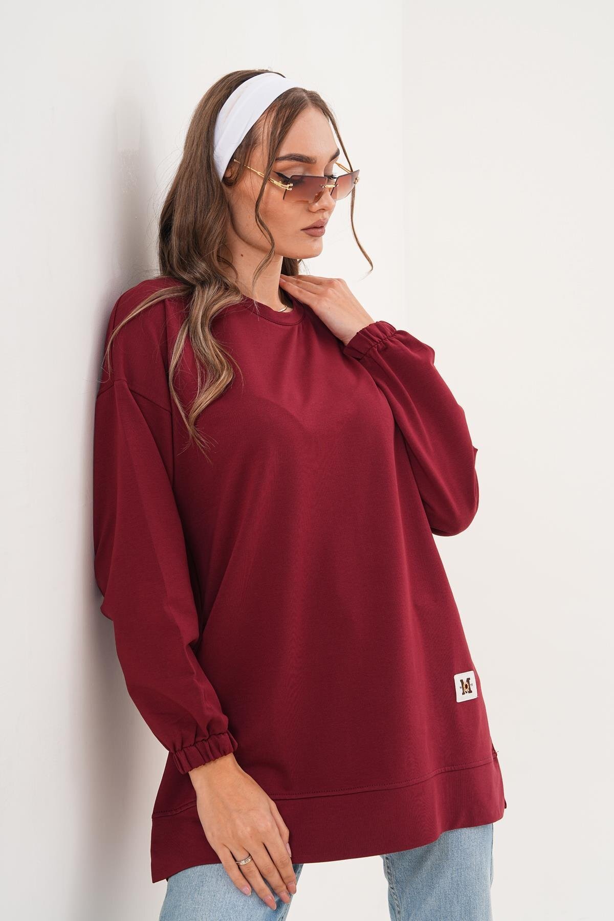 Bordo Düz Uzun Basic Bisiklet Yaka Sweatshirt Tesettür Tunik - Westbound