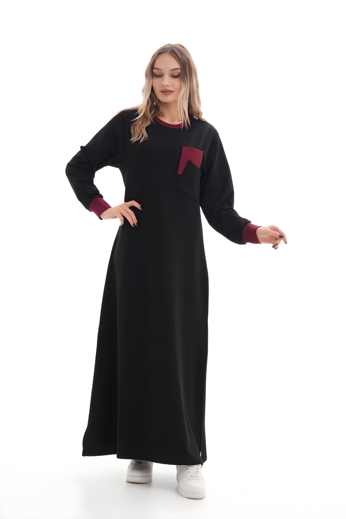 Bordo Spor İkiiplik Cep Detaylı Tesettür Elbise - Westbound
