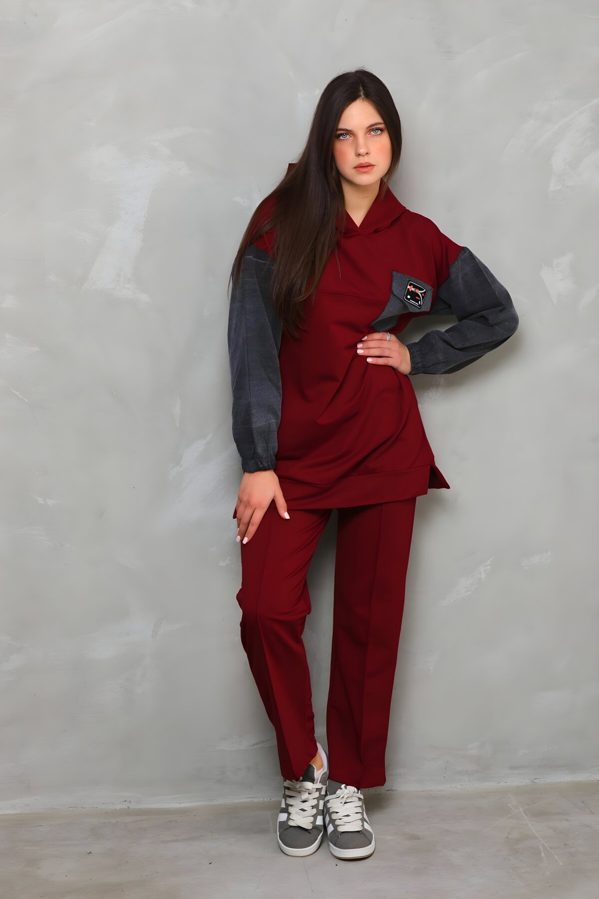 Bordo Spor Kolları Kot Detaylı İkili Takım Tesettür Eşofman - Westbound